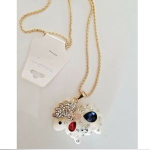 Lamb Pendant Necklace 26" Gold White Rhinestones fun
